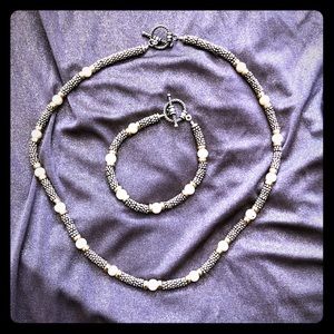 Hand made silver and pearl necklace + bracelet
